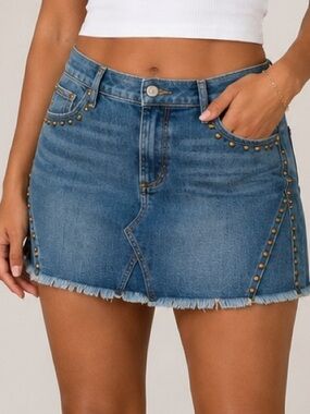 Driftwood Stef Studded Frayed Hem Denim Mini Skirt 26 Waist